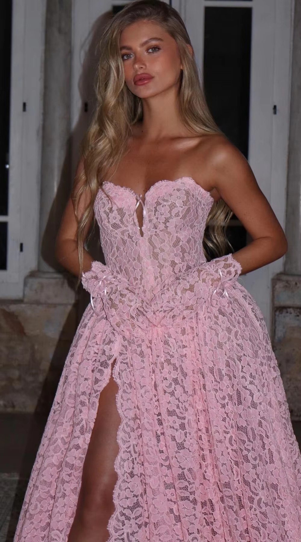 Elegant Pink Lace Evening Formal Dresses Sweetheart Corset High Slit Train A-line Modern Prom Pageant Party Dresses Celebrity Vestidos De Feast Gala