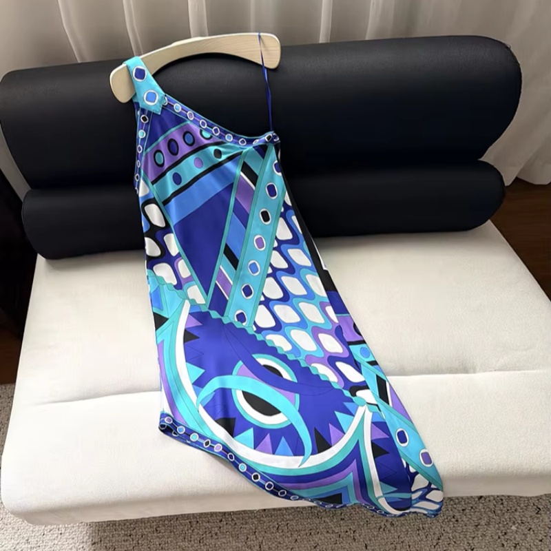 Luxury Fashion Vintage Geometric Print Asymmetrical Long Dress Women's Sexy Elegant Single-shoulder Crossbody Dresses,travel Style,holiday styl