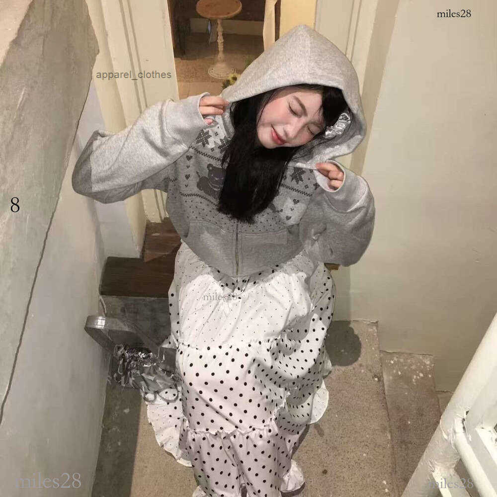 Soft Brushed Fleece Oversized Hoodie - Cozy Warm for Women Ladies Autumn Winter Korean-style retro gray cardigan with polka dots and bear print hood