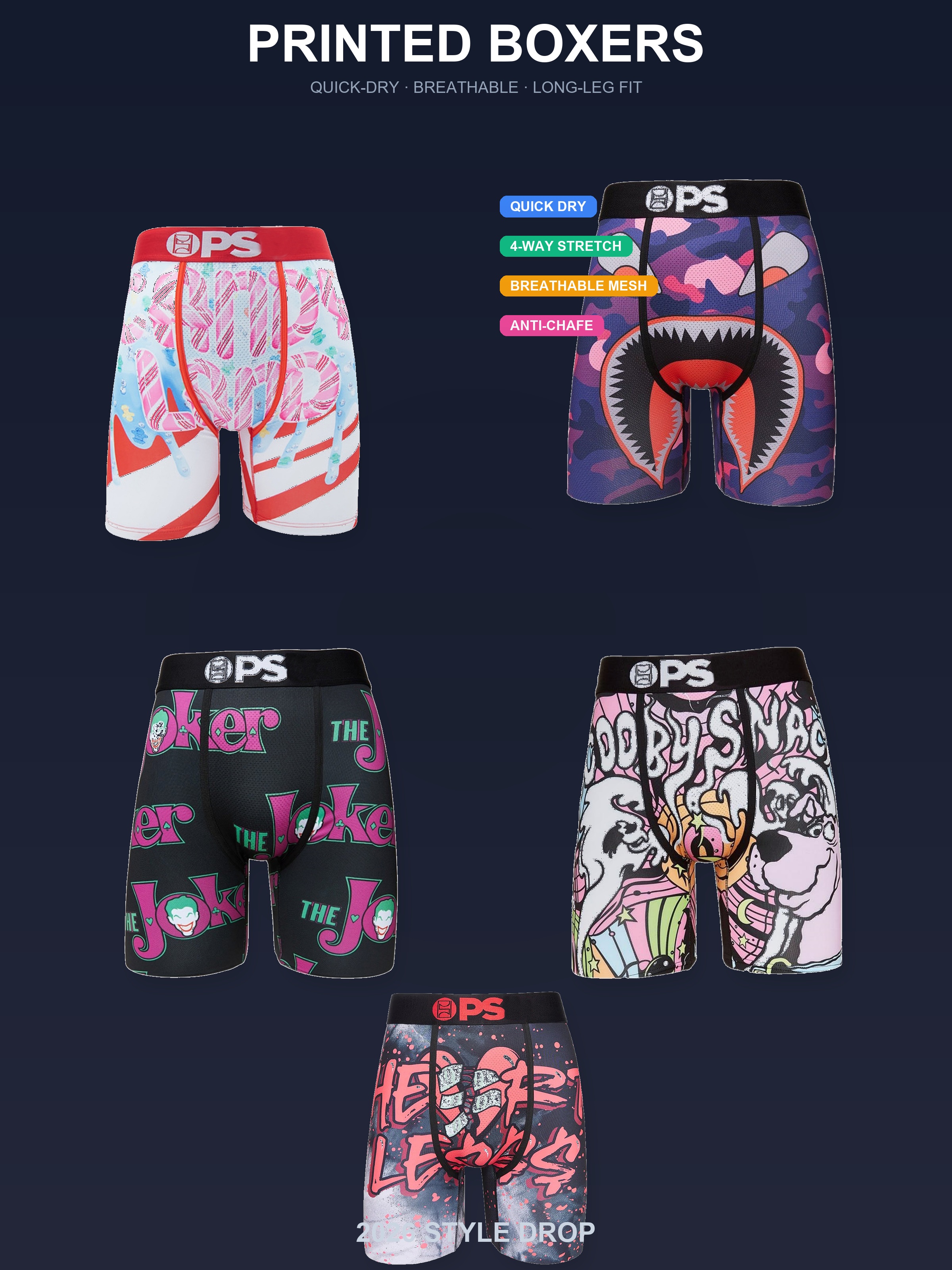 Designer PS Mens Underwear Boxer Briefs Quick Dry Breathable Mesh Long Leg Cartoon Printed Elastic Waistband Anti Chafe Boxers S-XXL