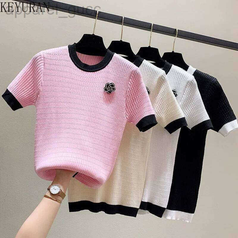 Beading Flower Thin Short Sleeve Sweater Women Knitted T-Shirt Korean O-Neck Office Lady Elegant Black White Pullover Jumper Top