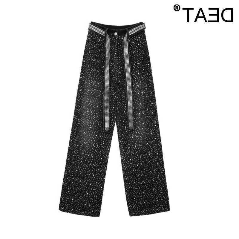 Womens DEAT Denim Pants Waist Full Diamonds Loose Wide Leg Belt Female Straight Jeans 2025 Summer 29L8881 S260803FXC9