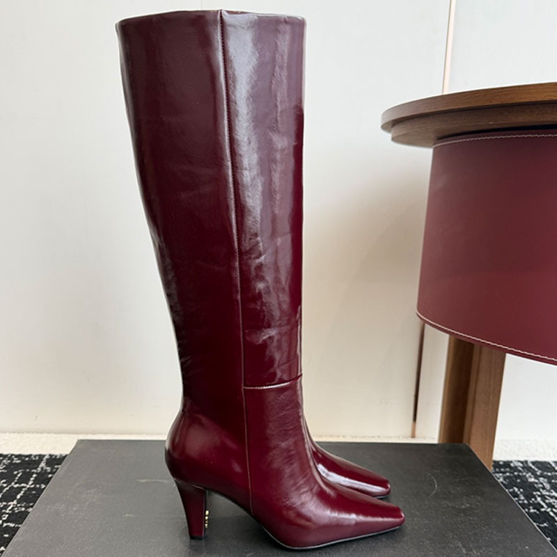Smooth Leather Jill Boots Womens Burgundy Pointed Toe Tube Boot 839749AA Designer High Heels Knee boots Ladies Thigh High boot Genuine Leather Sole