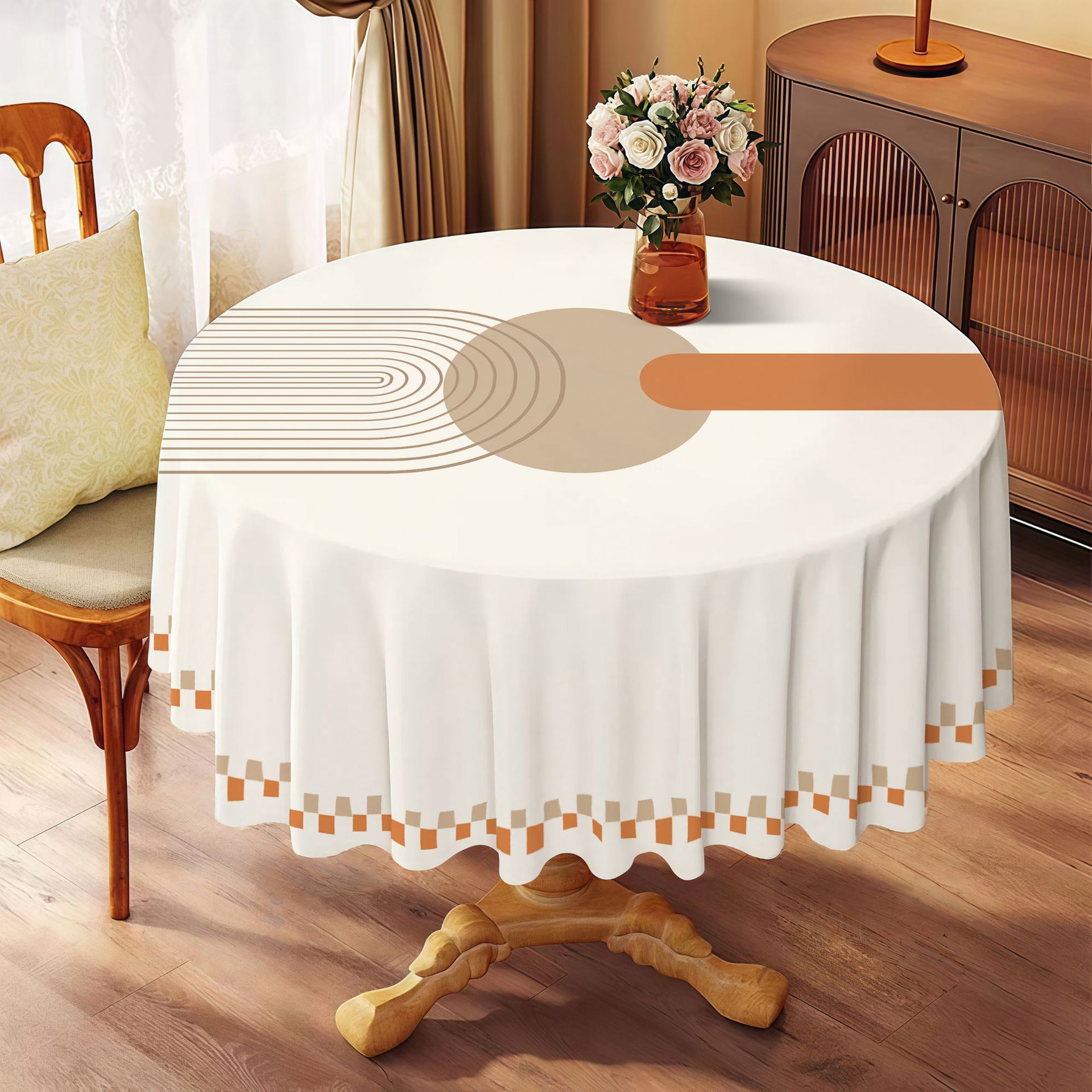 YL-39024 Nappe ronde en PVC de style ethnique personnalisée avec motif de fausse broderie imperméable, résistante à l'huile, à la chaleur et sans