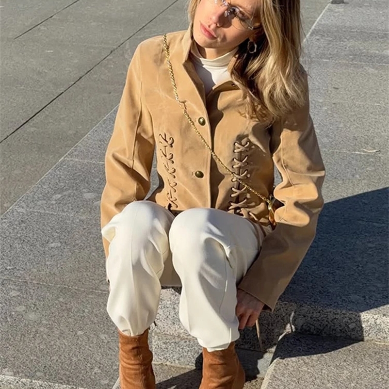 Womens Suede Jackets Stand Collar Button Lace Up Fitted Waist Long Sleeve Coats Lady Autumn Casual Street Daily Outerwear 260801BJ
