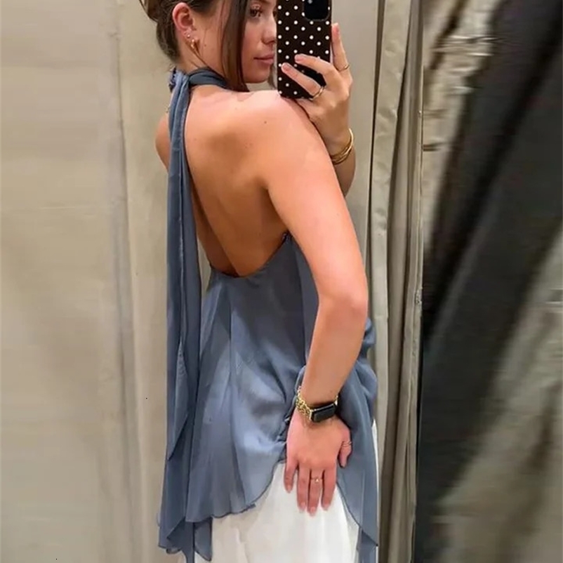 Fashion Womens Solid Mesh Halter Lace Up Top Sleeveless Backless Pleated Female Vest Summer Lady Casual All-match Tops 260731BJ