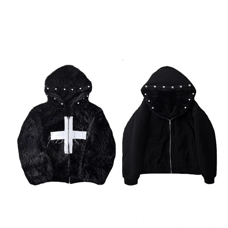 Y2K retro loose leather collar zipper cardigan gray cross hooded mens and womens sportswear winter print casual n slim fi 260731BJ