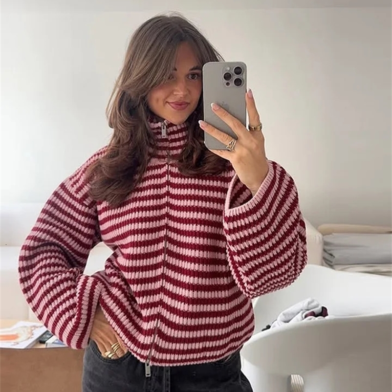 Casual Turtleneck Knitted Ribbed Sweater Womens Loose Full Sleeve Zippers Cardigan Autumn Winter Lady Minimalist Outerwear 260801BJ