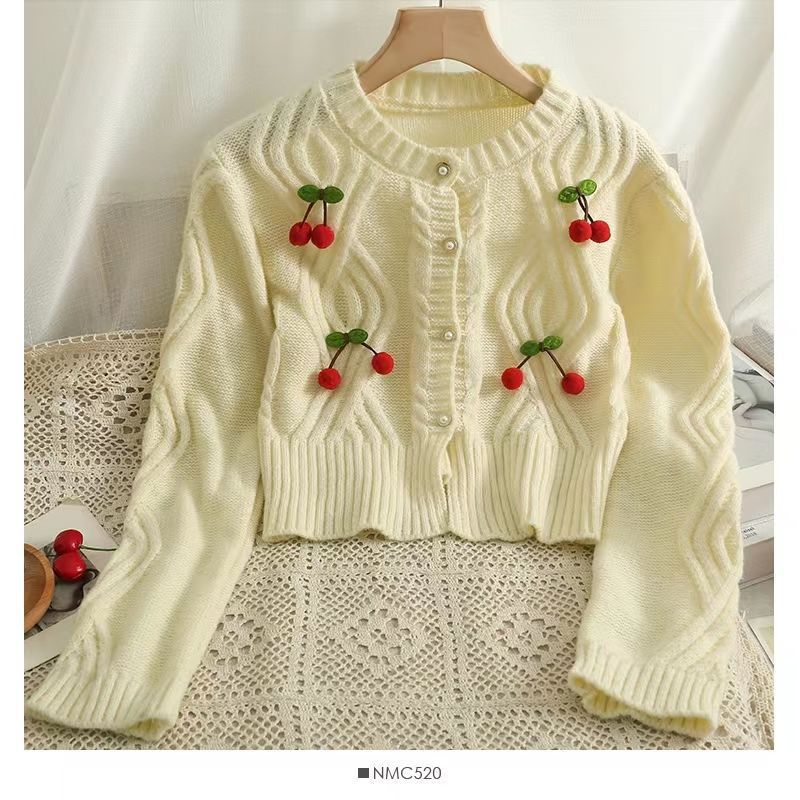 Luxury Knits 2026 Fall Winter Women's Loose Cropped Cable Knit Cardigan, Cherry Vintage Sweater Jacket