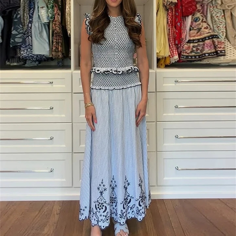 Elegant Lace Trim Top Embroidered Skirt Set Womens Sleeveless O-neck Tops Pleated Long Skirts Summer Lady Casual Wear 260702BJ