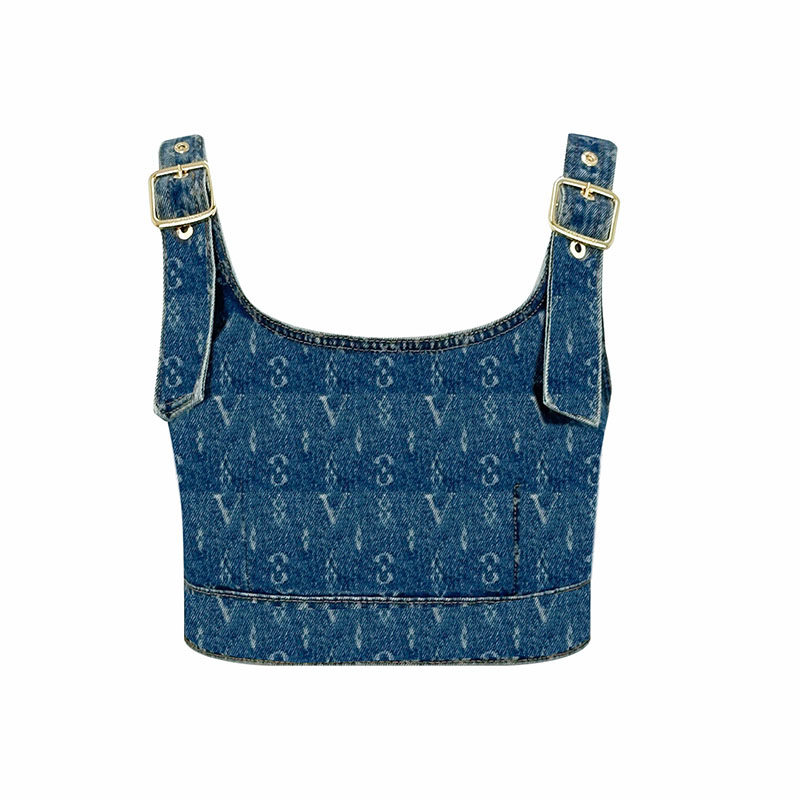 Vintage Jacquard Crop Tops Women Designer Full Letter Denim Vest Sexy Camisole Luxury Street Trendy Blue Tank Tops