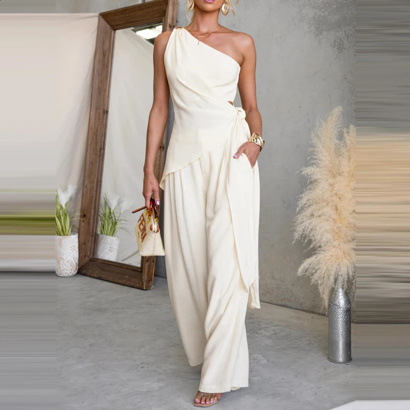 Women Casual Sleeveless Tie-Up Waist Solid Outfit Fashion Hollow Solid 2Pc Suit Elegant Diagonal Collar Irregular Top Pant Set 260731