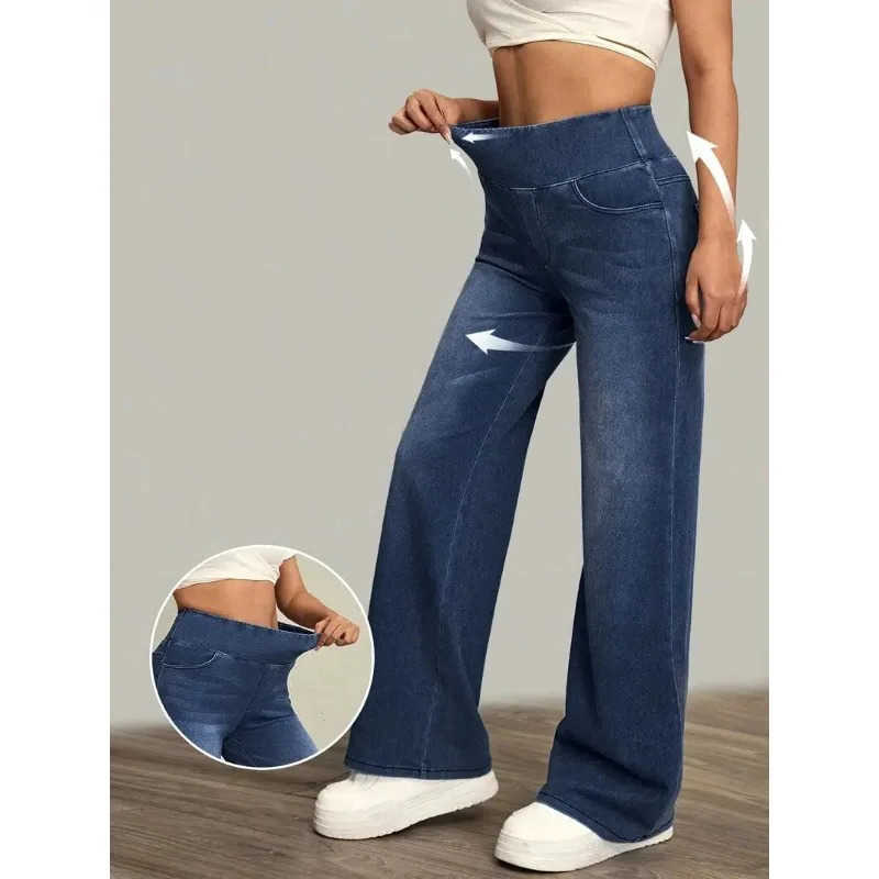 Jeans Womens Elastic Waist Stretch Loose Straight-Leg Pants Versatile S260803KQ7H