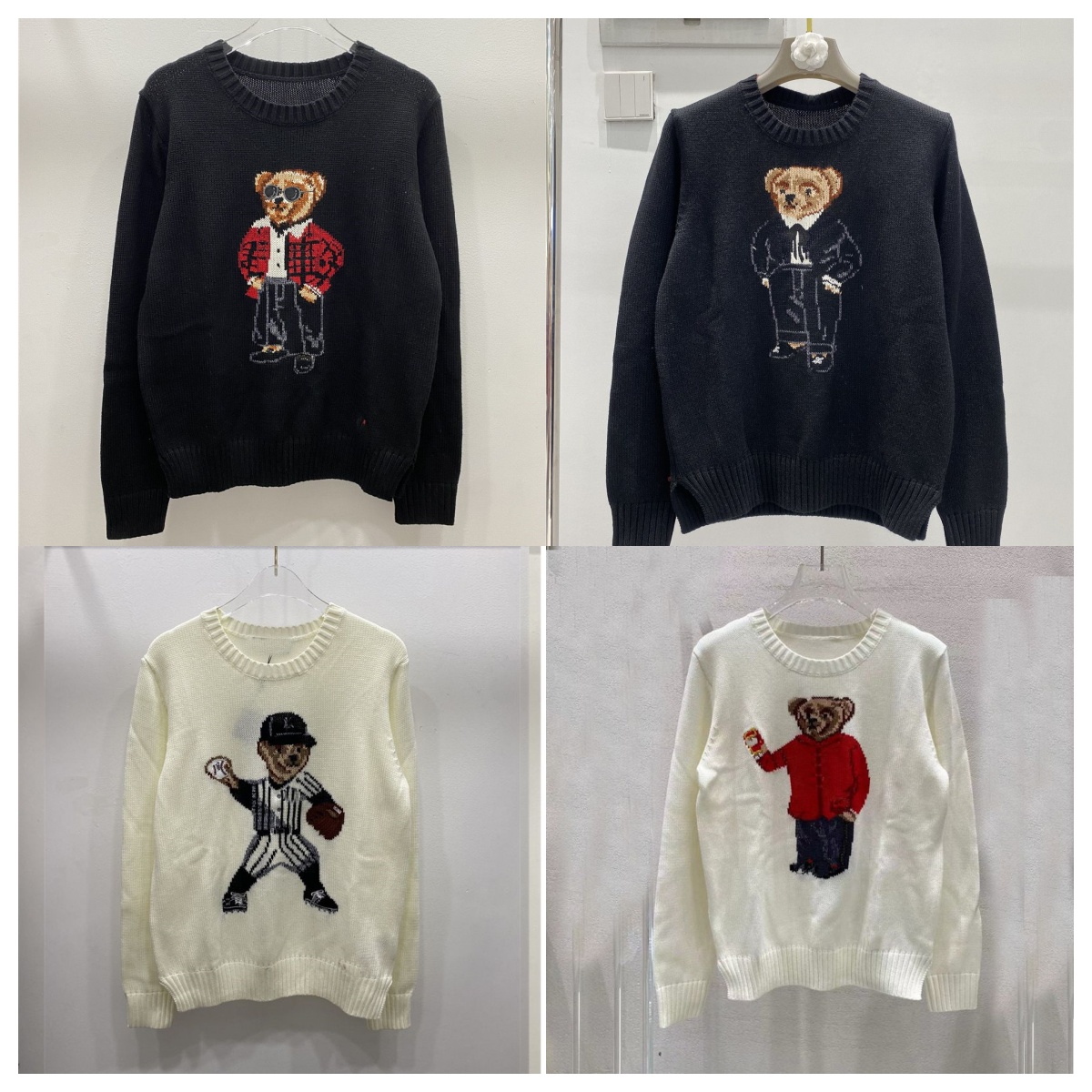 Designer Poloos Preppy Style Baseball Teddy Bear Knitted Sweater Unisex Navy Color Long Sleeve Crew Neck Autumn Winter Knitwear