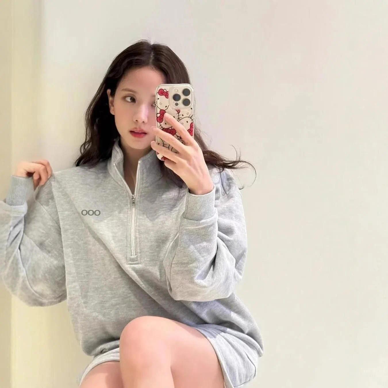 Sweat-shirt demi-fermeture éclair pour femme, manches longues, épaules tombantes, pull avec Logo gris, haut sportif décontracté, vêtements de sal