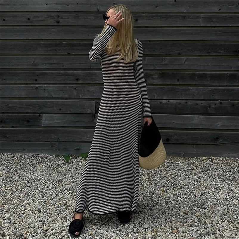 Vintage Fashion Black and White Striped Maxi Dress Elegant Long Sleeve Tie Back Dresses Beachwear Holiday Autumn Sexy Dress 260801BJ