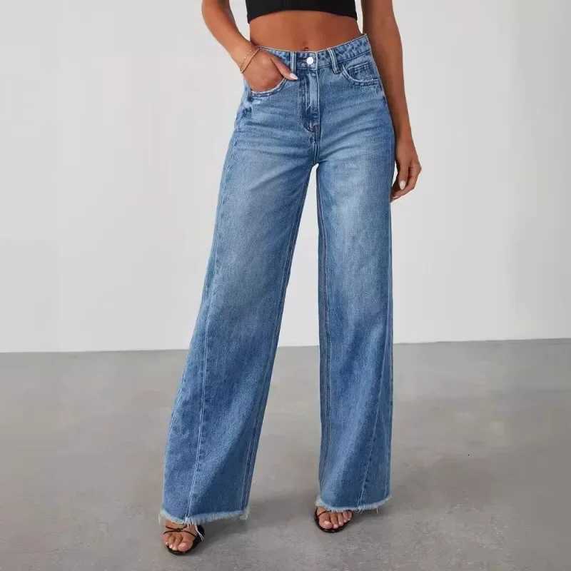 Summer Spring New Womens Clothing Solid Color Loose Wide Leg Side Seam Stitching Frayed Hem Jeans S260803O98A