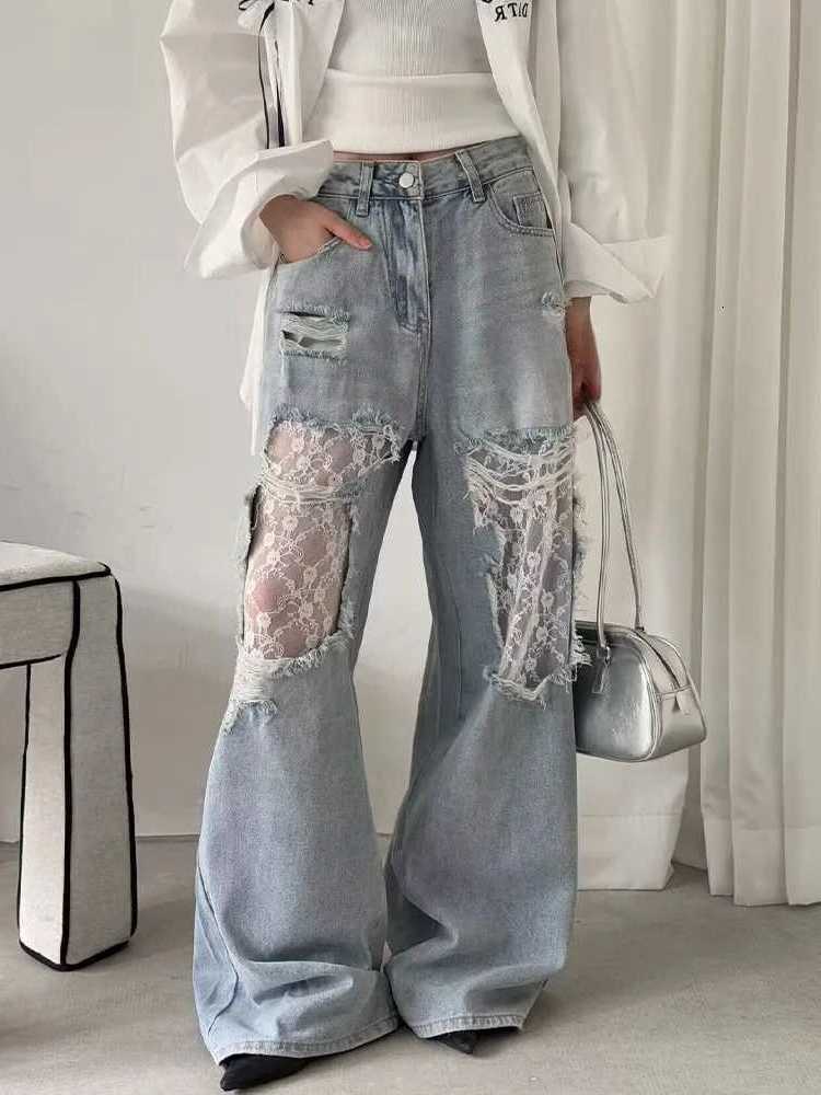 Womens 2025 Style Waist Lace Denim Pants Loose Wide Leg Trousers Hottie Hole Patchwork Jeans S260803OHWN