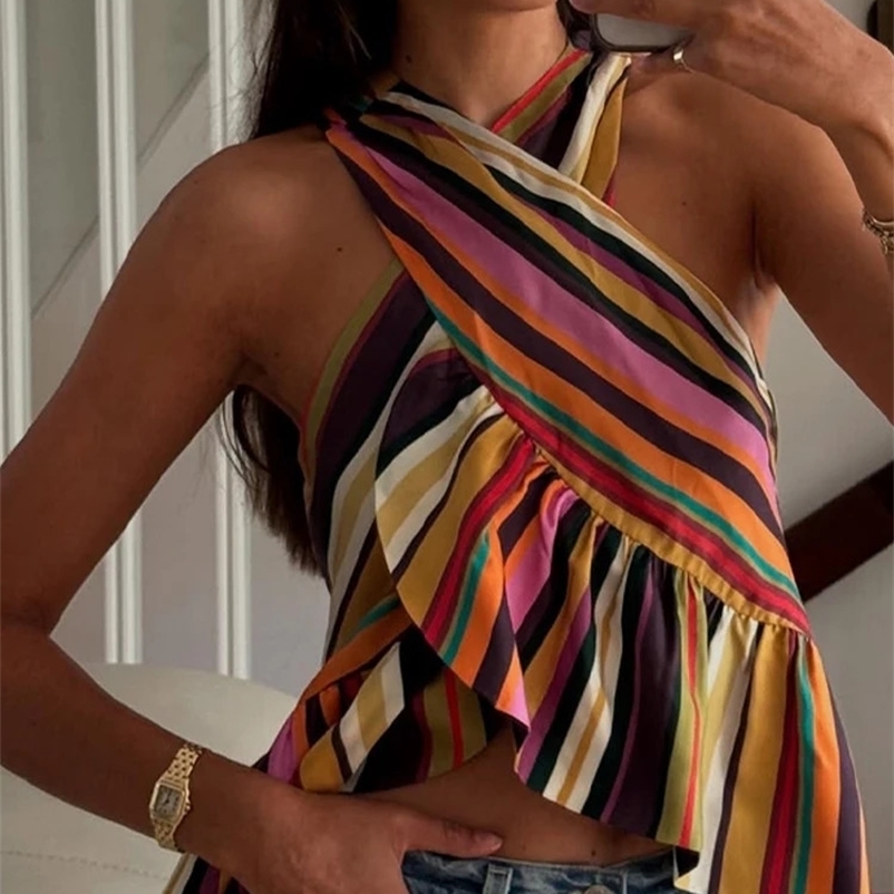 Summer Vacation Women Top Halter Striped Sleeveless Ruffles Female Crop Vest Chic Lady Colorful Tank Streetwear 260729BJ