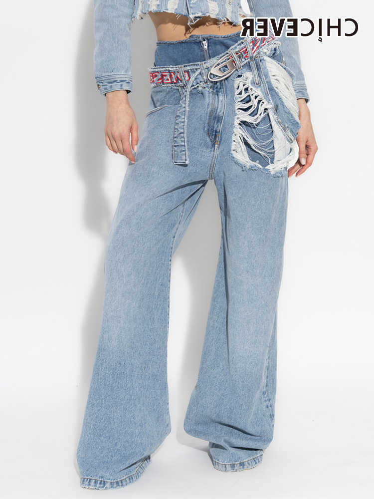 Jeans Women's CHICEVER Strtwear Hole Denim Wide Leg Pants Waist Patchwork Belt Individuty Hit Color Female 2023 Clothing Style S260803X5WQ