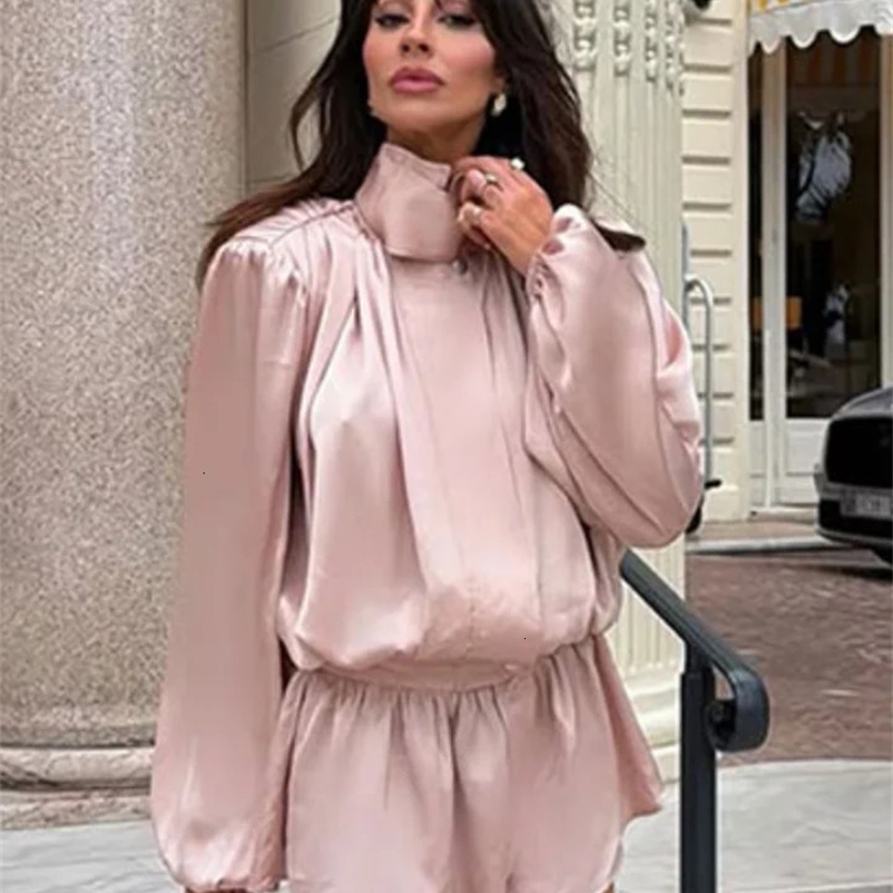 Fashion Womens Solid Stand Collar Jumpshorts Lantern Full Sleeve Waist Cinched Lace Up Jumpsuit Summer Lady Wear 260731BJ