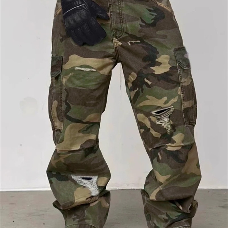 Mens Spring Fashion Casual Jeans Streetwear Camouflage Cargo Pants Distressed Ripped Wide Leg Trendy Daily Wear Loose Trousers 260707BJ