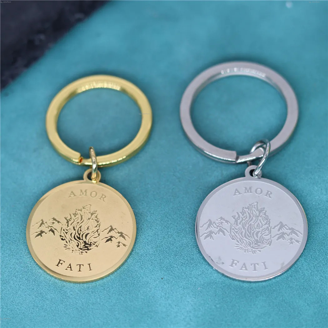 Amor Fati Stoic Pendant Stainless Steel Keychain For Men Women Medallion Philosophy Memento Mori Key Chains Birthday Gift