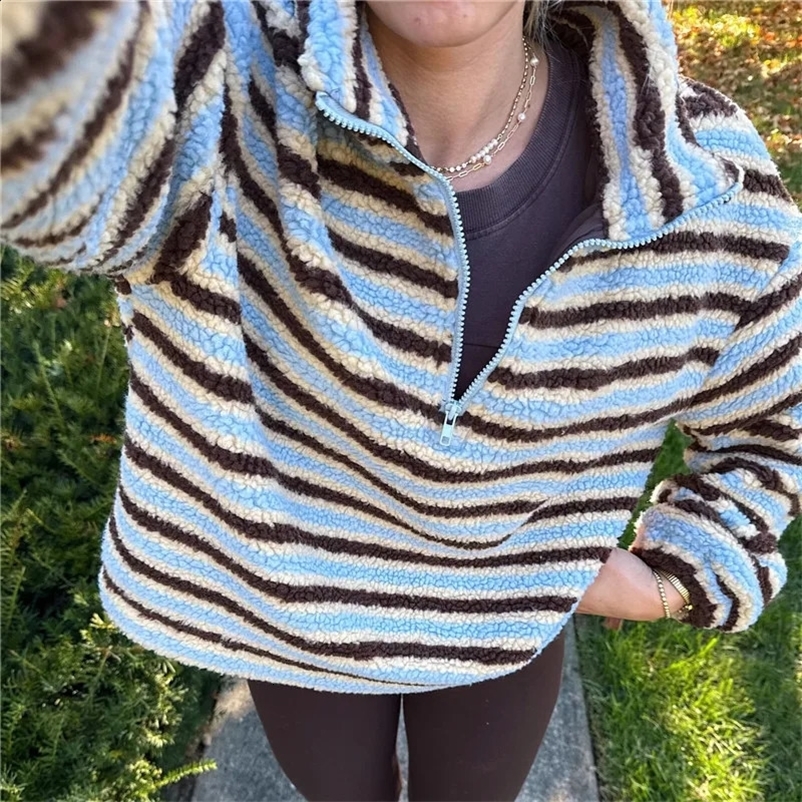 Womens Striped Fleece Jacket Color Block Half Zip Sherpa High Neck Pullover Trendy Oversized Warm Fuzzy Sweatshirt 260801BJ
