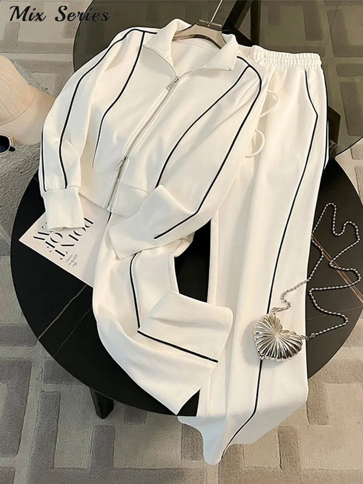 Cozy Striped Contrast Sweatshirt Pants Set Women Casual Lapel Full Sleeve Zipper Tops Long Trousers Autumn Lady Sportswear 260731