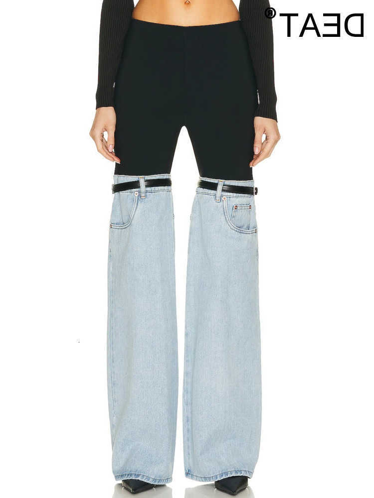 Jeans Women's DEAT Waist Straight Patchwork PU Leather Buckle Strtwear Denim Pants Spring 2023 Trend 17A2013H S2608031B05