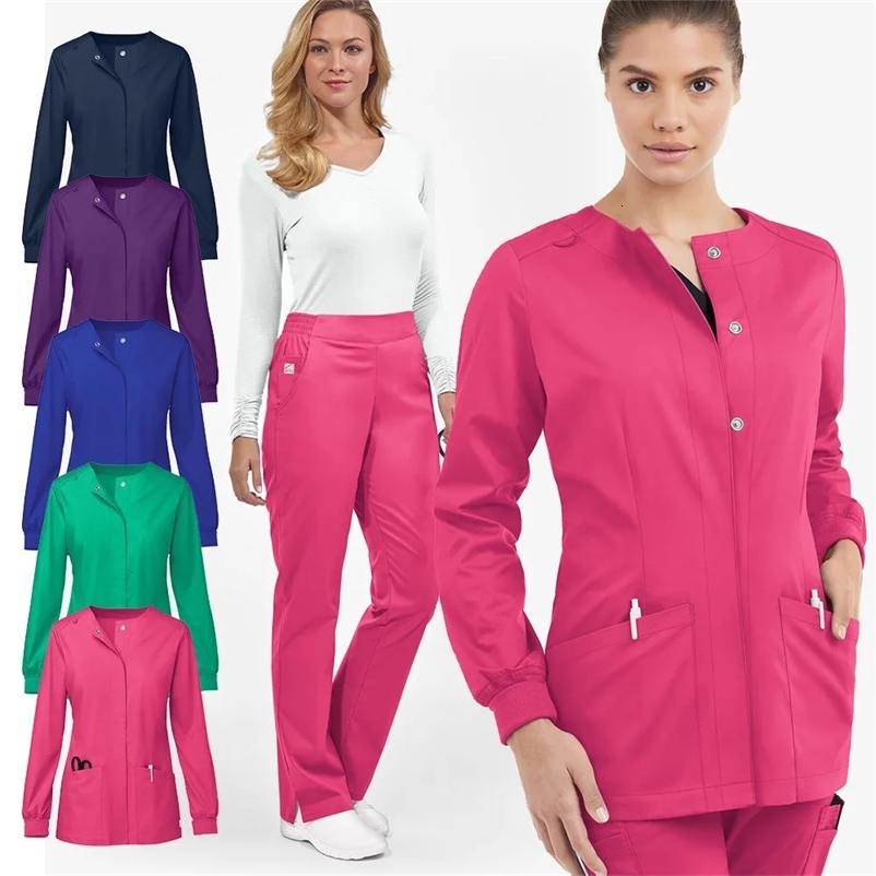 Autumn Winter Uniforms Long Sleeve Nurse Scurbs Jacket Set Hospital Round Neck Hidden Button Workwear Coat 260709BJ
