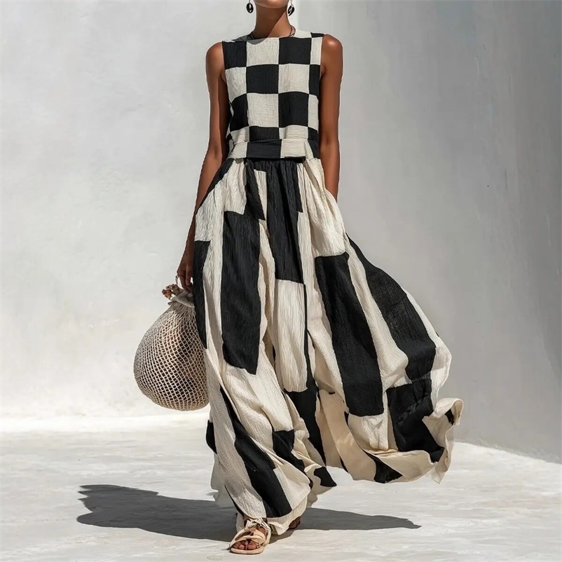 Sleeveless Black White Geometric Patchwork Print Party Dress Women Summer O Neck Loose Maxi Dress Elegant Holiday Ladies Dress 260731BJ