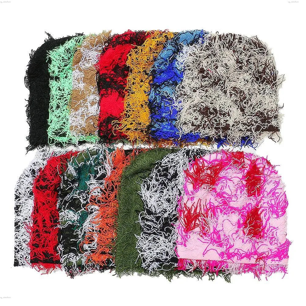 Balaclava bonnets hommes drôle en plein air Camouflage peluche floue en détresse tricoté chapeau masque de Ski bonnet mode rue Hip Hop casquette