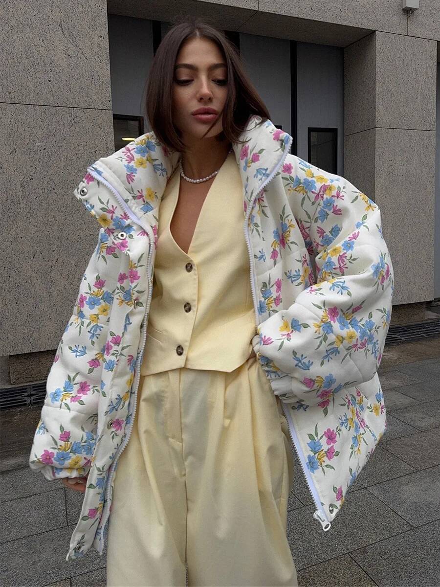 Wolfeel New Women's Puffer Jacket Oversized Stand Up Collar Designer Fashion Zipper Closure Floral Print Warm Cotton Filled Coat Autumn Winter