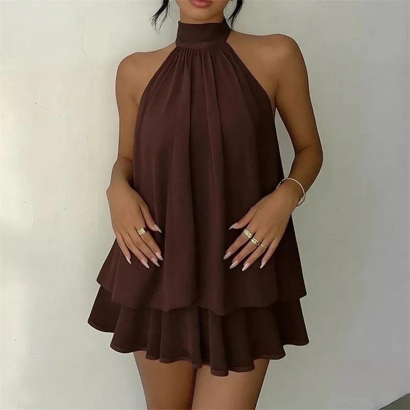 Womens Elegant Halter Neck Sleeveless Ruffled Layered Chiffon Mini Dress Casual Summer Party Dress for Beach Vacation Y2K 260709BJ