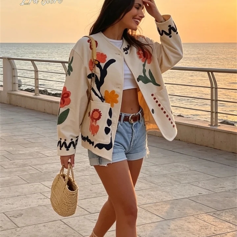 Boho Colorful Flower Print Cardigan Jacket Ladies Round Neck Long Sleeve Patch Pockets Loose Coat Women Daily Commute Outwear 260801BJ