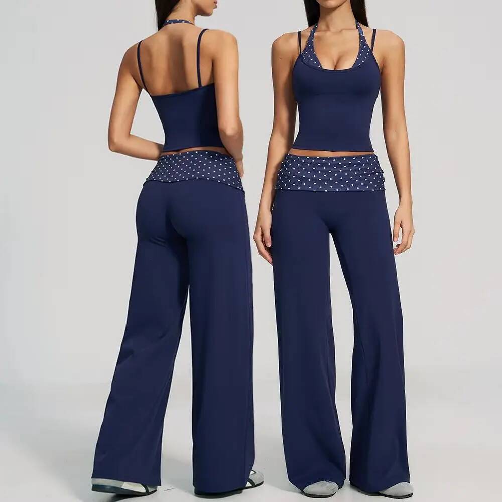 Piece Yoga Set Women's Halter Crop Top Fold Over Waist Legged Flare Trousers Polka Dot Striped Gym Workout Running Outfit 9b8