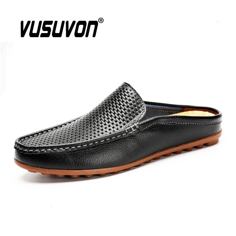 Italian Men Slippers Genuine Leather Loafers Moccasins Outdoor Non-slip Black Casual Slides Summer Spring Fashion Shoes 260624BJ