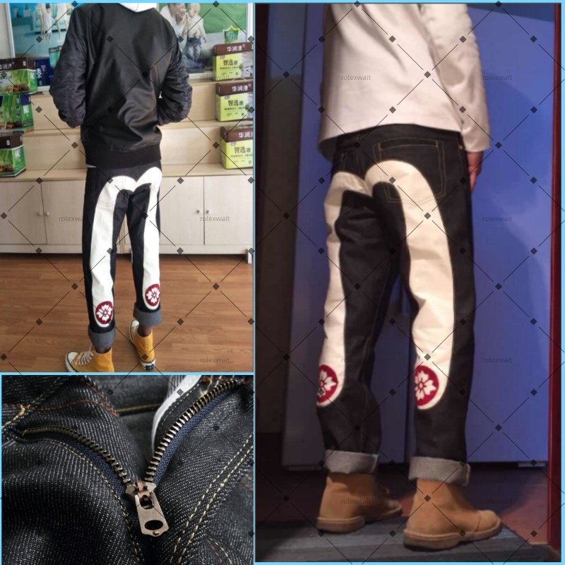 Designer Evi jeans Japanese Vintage Embroidery Mens Denim Jeans High Street Printed Straight Pants Hip Hop Distressed Casual Trousers