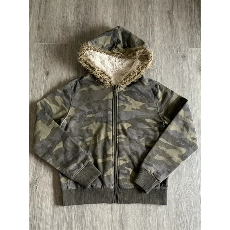 Camouflage Jackets with Hooded Women 2000s American Retro Coats Sweatshirts Faux Fur Tops Loose Casual Streetwear Chic 260729BJ