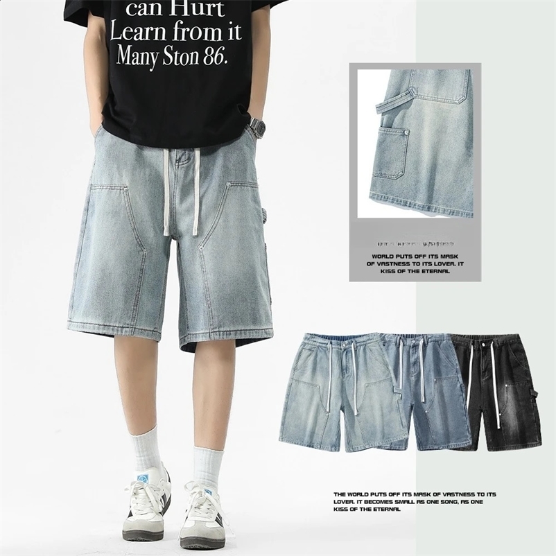 Summer Mens Loose Straight Denim Shorts Logging Style Casual Elastic Waist Cargo Jeans Mid-Length Short Pants Cargo Overalls 260707BJ
