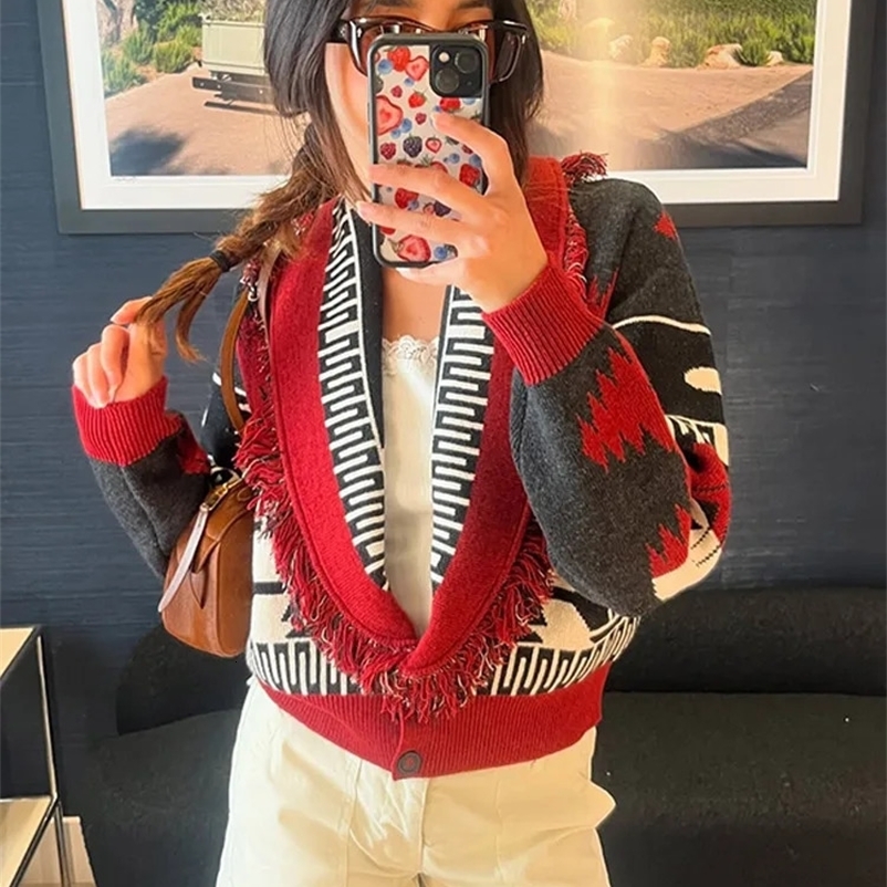 Tassels Patchwork Cardigans Women Sweater Knitted Printed Long Sleeve V-neck Colorful Thicken Fashion Sweaters Autumn Coat 260801BJ