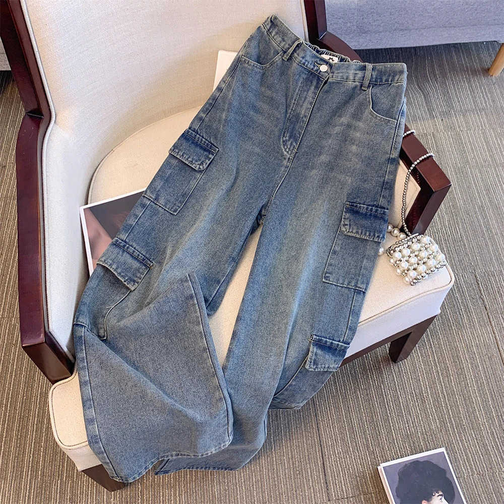 strt Fall style plus size jeans womens casual pants Gray all-in-one overalls multi-pocket denim pants 250212 S260803CEQ2