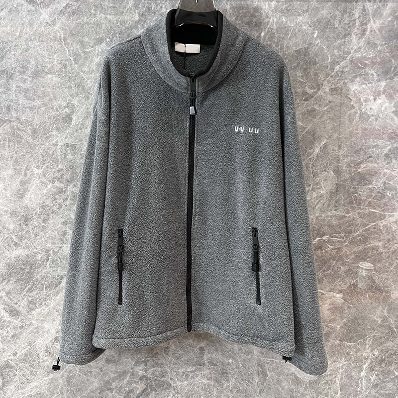 Fleece Zipper Jacket Luxury Women Gray Stand Collar Embroidered Loose Velour Jackets Autumn Winter Daily Streetwear Outdoor Hiking Warm Outerwear