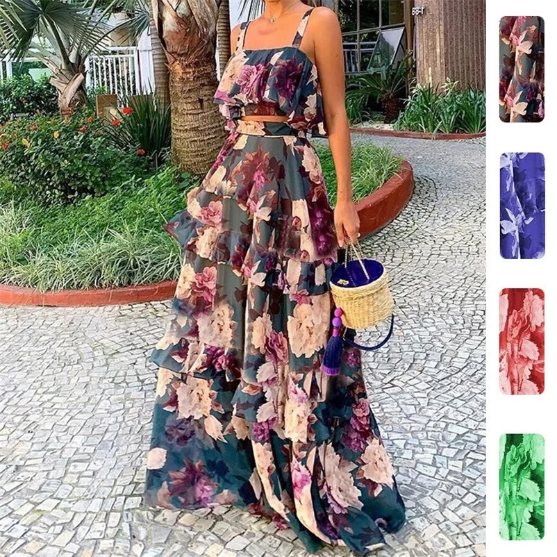 Womens Two Piece Outfits Floral Print Ruffle Crop Cami Tops High Waist Tiered Maxi Skirt Ladies Summer Beach Clothes Sets 260702BJ