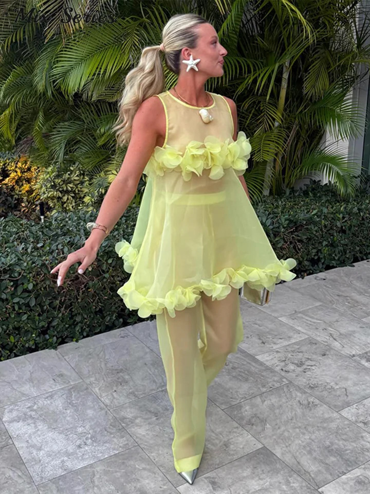 Women's Sheer 3D Mesh Floral Sleeveless O-neck Top Loose Pants Set 2026 Summer Lady Fashion Boho Style Beach Vacation Wear 260731