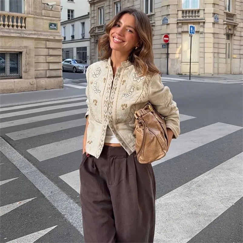 Printed Womens Outerwear Stand Collar Cropped Jacket Long Sleeve Color Block Slim Fit Top Suitable For Daily Commute Party 260731BJ