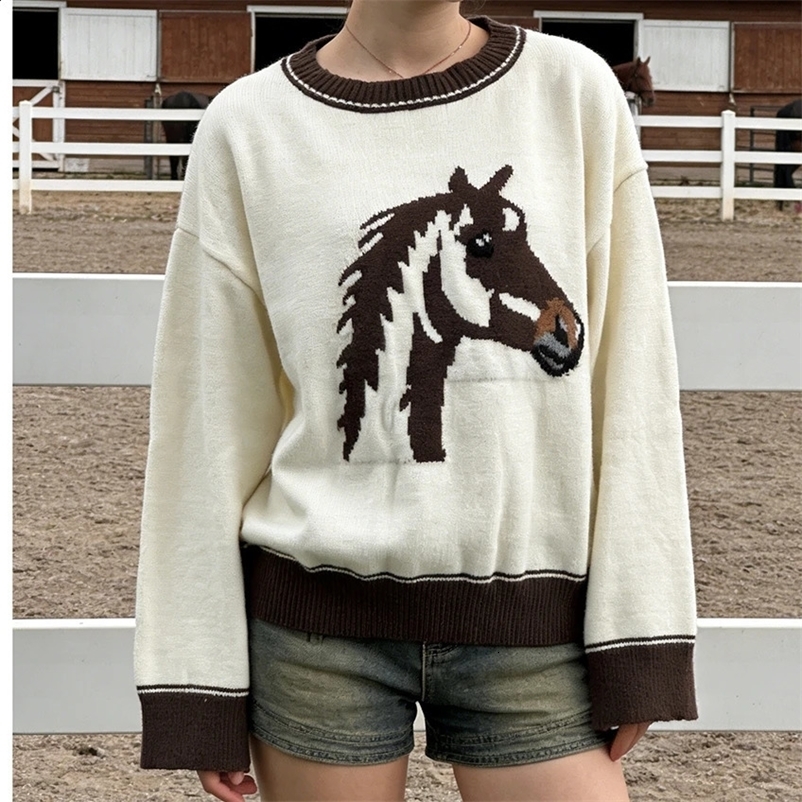 Fashionable Womens Autumn Winter Knit Sweater Long Sleeve Round Neck Horse Head Print Knitwear Tops 260801BJ