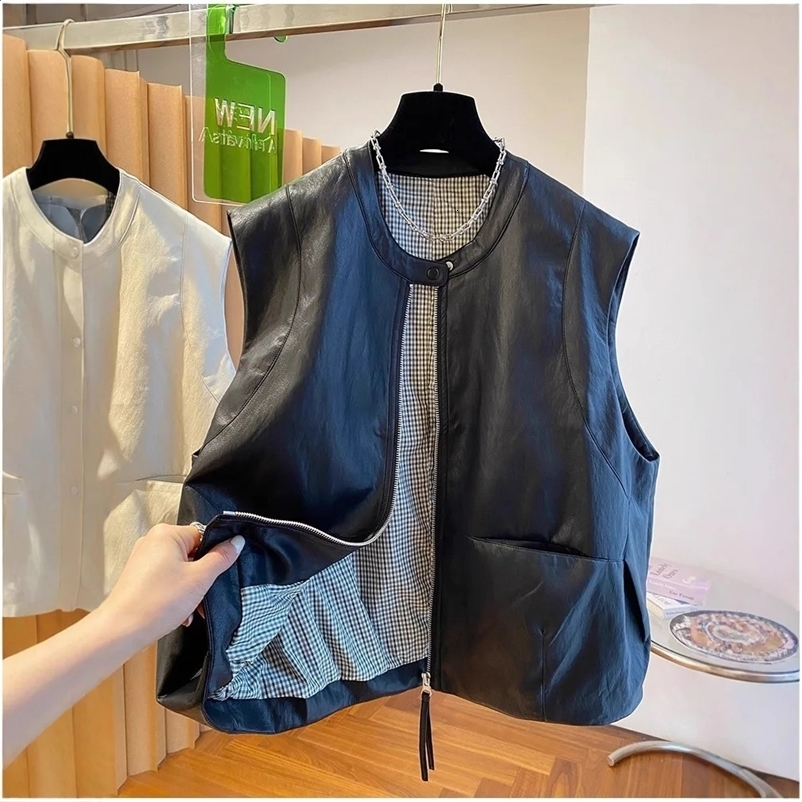 Pu Leather Vest Jacket Womens Spring and Autumn Loose Sleeveless Vests Waistcoat Tops Casual Women Coat 260707BJ