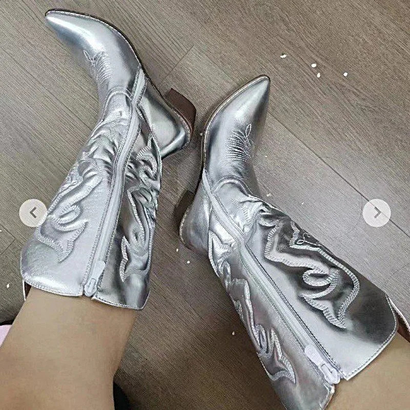Gold Mid-calf Boots Woman Side Zipper Silver Pointed Western Cowboy Boots Retro Fashion Black Boots Plus Size 36-43 Women Boots 260730BJ